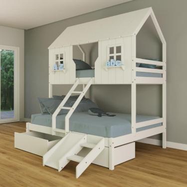 Imagem de Beliche Casal/ Solteiro Casinha Encantada com 02 Gavetas Kit Escada/ Escorregador Madeira Maciça Branco Housin