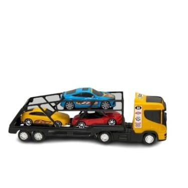 Imagem de Caminhão Transportador de Carros de Brinquedo, Carreta Cegonha com 3 Carros, Amarelo e Preto