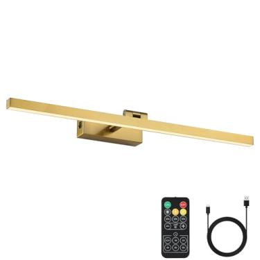 Imagem de Joosenhouse Luz de imagem operada por bateria, luz de galeria sem fio com controle remoto e função de temporizador regulável, luz de arte de pintura recarregável, arandela de parede de latão de 59 cm