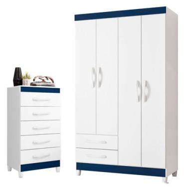 Imagem de Quarto Solteiro Completo Guarda Roupa Âmbar 4 portas Cômoda Esmeralda 