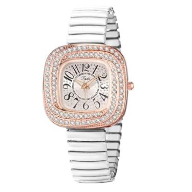 Imagem de JewelryWe Relógio elástico quadrado Iced-Out: Relógio de pulso feminino com pulseira elástica de quartzo analógico de fácil leitura, Branco, Relógio elástico de strass