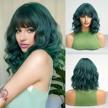 Imagem de Haoland Perucas Curtas Verde-Escuras Com Franja Para Mulheres, Peruca De 14" Solta, Cacheada, Comprimento Dos Ombros, Sintéticas E Coloridas, Cabelo Charmoso Resistente Ao Calor Festa, Uso Diário Co