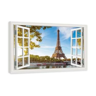 Imagem de Janela de arte de parede com impressão em tela. Vista de janela falsa. Impressão de imagem natural em tela. Arte de cenário para decoração de sala de estar. (Vista da Torre Eiffel de Paris 17