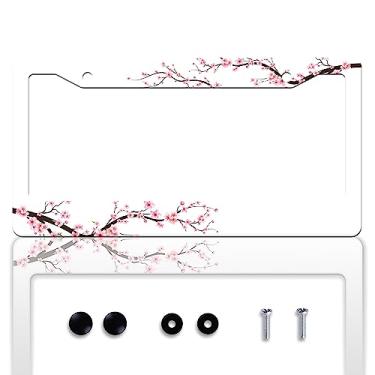 Imagem de Moldura de placa de licença de flor de cerejeira lindas molduras de placa de licença personalizadas de aço inoxidável design engraçado compatível com suporte de placa de licença padrão para EUA e Canadá