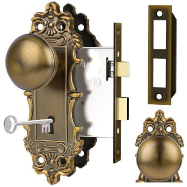 Imagem de CEYMIO Puxadores de porta com trava de encaixe interior de latão maçaneta de porta dourada antiga chave esqueleto privacidade fechaduras vintage para quartos e banheiro