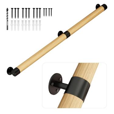 Imagem de Corrimãos de escada de madeira de 2,5 m, trilhos de mão internos e externos, suporte de montagem resistente na parede, corrimão de segurança antiderrapante para idosos, crianças e pessoas com