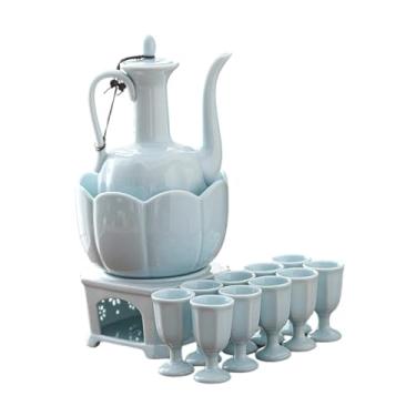 Imagem de WeiLaiKeQi Conjunto de saquê de cerâmica com 10 xícaras, aquecedor de bebidas tradicional multifuncional com tigela de aquecimento para chá em casa, bar, amigos, Style a