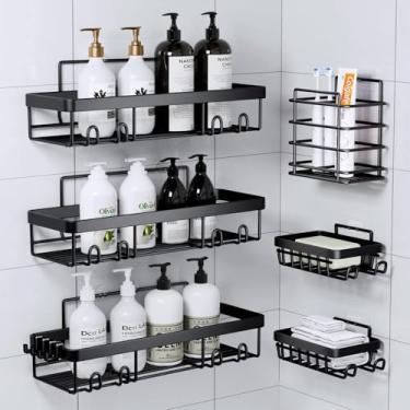 Imagem de Kit 6 Prateleira para Banheiro - Organizador de Banheiro Adesivo Preto sem Furo, 3 Nichos Grandes + 2 Saboneteiras + 1 Porta-escova de Dentes, Aço Inoxidável Antiferrugem para Box, Cozinha e RV