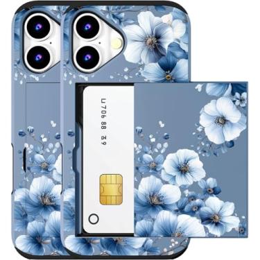 Imagem de MUQR Capa compatível com iPhone 16 com porta-cartão fofo - design kawaii, proteção contra quedas de nível militar, capa carteira robusta para mulheres (flores retrô elegantes azuis)