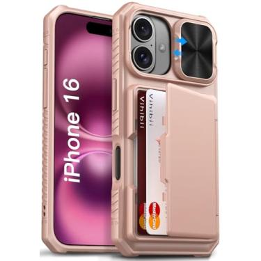 Imagem de Vihibii Capa carteira para iPhone 16 com suporte para cartão (4 cartões) [bloqueio RFID] e capa de câmera deslizante, proteção contra quedas de nível militar, traseira robusta e borda de silicone, 6,1