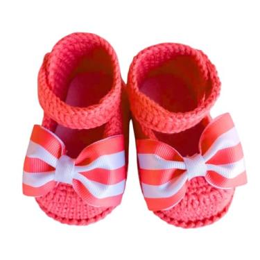 Imagem de Sapatinho de Crochê Infantil, Vermelho Tulipa com Laço Listrado Branco, Feito à Mão (VERMELHO LAÇO LISTRA M, BR, Bebê, Alfa, M, M)