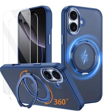 Imagem de Asdsinfor Suporte magnético giratório para iPhone 16 compatível com carregamento sem fio, capa fina à prova de choque com 2 protetores de tela, anel giratório com suporte para Apple iPhone 16. XZ azul