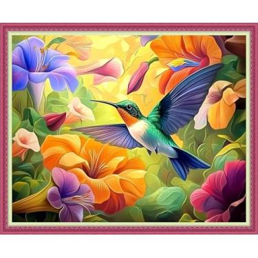 Imagem de Disnesart Kits de bordado completo estampado ponto cruz DIY 11CT fio de algodão impresso kits de bordado artesanato conjunto de bordado ponto cruz conjunto estampado - flor colorida beija-flor 40,6 x