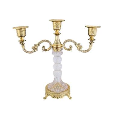 Imagem de IEUDNS Suporte de vela de 3 braços, candelabro, design retrô, suporte para fotos, para velas, castiçal para bar, casamento, quarto, decoração de casa, Ouro