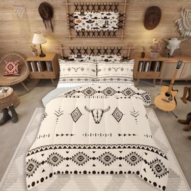 Imagem de Erosebridal Conjunto de edredom casal de caveira de touro, conjunto de cama caubói ocidental para decoração de quarto de meninos, meninas, homens, colcha do sudoeste, colcha de edredom com chifres