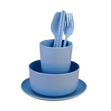 Imagem de AFXGUSD Conjunto de Talheres de Palha Reutilizável com 6 Peças, Pratos, Copos, Garfos E Talheres, Conjunto de Louça Infantil para Festas, Trailer E Escritório, azul