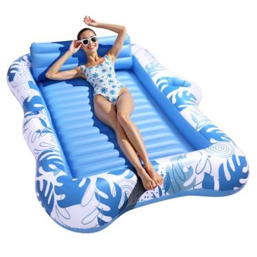 Imagem de Espreguiçadeira inflável de bronzeamento para 2 pessoas, espreguiçadeira flutuante extragrande com porta-copos, boia de banho de sol 2 em 1 e boia de piscina para adultos, colchão de ar portátil para