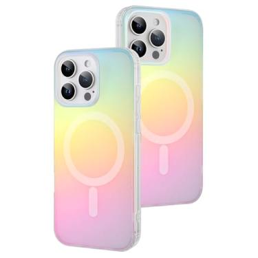 Imagem de AIGOMARA Capa magnética para iPhone 16 Pro [compatível com Magsafe] [fluorescente holográfico iridescente] Capa protetora fina à prova de choque fosca para mulheres e meninas 6,3 polegadas