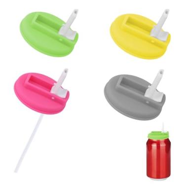 Imagem de 4 Tampas Lata Refrigerante com Palhinhas, Tampas Silicone Latas Utensílios Cozinha Reutilizáveis Compatíveis Bebidas Enlatadas Padrão Cerveja Sumo (Verde, Cinzento, Rosa Vermelho, Amarelo)