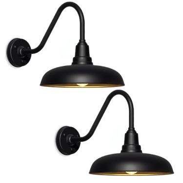 Imagem de Luzes extragrandes de celeiro pescoço de ganso de 50,8 cm – Arandelas de parede industriais pretas para garagem, varanda ou pátio de fazenda – Luzes externas à prova de ferrugem e intempéries – Pacote