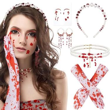 Imagem de DPKOW Dripping Blood Necklace Halloween Choker Bloody Pearls Necklace Earrings Vampire Face Jewels Halloween Headband Bloody Gloves for Halloween Vampire Costume Accessories for Women Girl