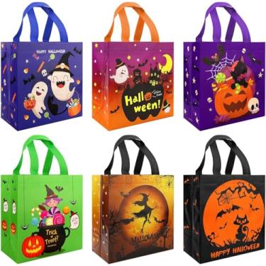 Imagem de Pacote com 6 sacos de doces de Halloween, sacola colorida para doces ou travessuras, sacolas de presente não tecido para artigos de festa (Halloween)