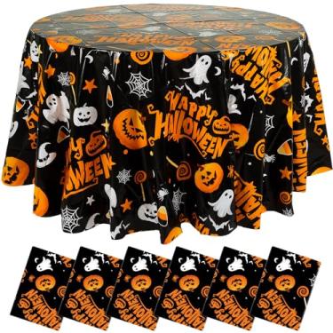 Imagem de LemonRoad 6 toalhas de mesa redondas de Halloween, 213 x 213 cm, capas de mesa redondas descartáveis de plástico fantasma, bruxa, abóbora, morcego, milho, doces para lembrancinhas de festa de