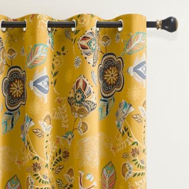 Imagem de Cortinas blackout estampadas amarelo mostarda vintage cortinas florais para quarto 213 cm de comprimento, 2 painéis, design colorido de meados do século, cortinas de janela com ilhós, isolamento
