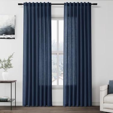 Imagem de Cortinas de linho azul jeans 203 cm de comprimento, conjunto de 2 painéis para sala de estar, bolso traseiro, aba traseira, filtro de luz, cortinas de janela para quarto, sala de jantar, proteção de