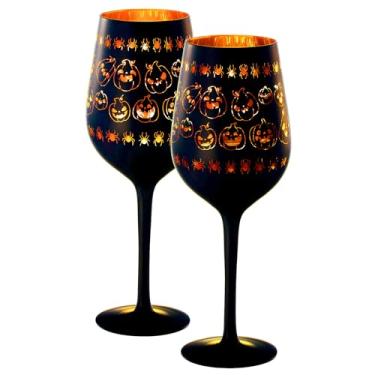 Imagem de Taças de vinho assustadoras com haste de cristal - Conjunto de 2 - Vidro fosco com padrão fantasma assustador vibrante preto e dourado, perfeito para festas temáticas góticas, presentes pretos de