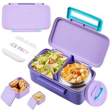 Imagem de MAISON HUIS Lancheira infantil com garrafa térmica, à prova de vazamento com pote de comida isolado de 227 g, recipiente de 2 compartimentos para meninas e meninos de volta às aulas (roxa)