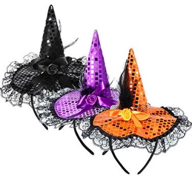 Imagem de Blulu 3 peças chapéu de bruxa de Halloween, chapéu de bruxa, chapéu de bruxa, chapéu de máscara, faixa de cabeça de bruxa para fantasia decoração de festa de Halloween (conjunto de cores 2)
