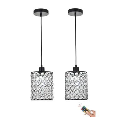 Imagem de Viosked Luzes pendentes operadas por bateria com controle remoto 2 pacotes, luz pendente recarregável sem fio, lustre de vidro de cristal preto lâmpada suspensa de teto para cozinha ilha mesa sala de