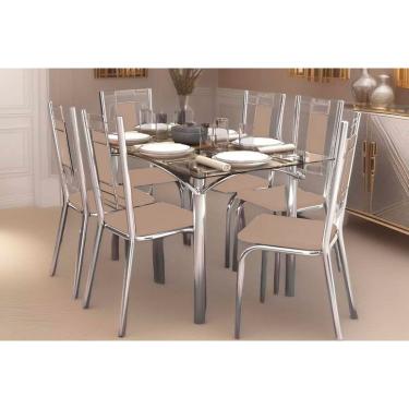 Imagem de Kit 6 Cadeiras Sala Jantar Elba c/ Tampo de Vidro 80x150cm e 6 Cadeiras Florença Cromada - Courano Bege - Kappesberg