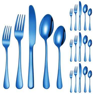 Imagem de Conjunto de talheres azuis, garfos, colheres, facas e talheres de aço inoxidável, conjunto de talheres polidos para cozinha, não arranha a boca e pode ser lavado na lava-louças. (azul)