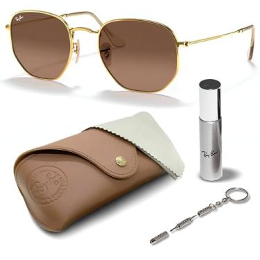 Imagem de Ray-Ban RB3548N Óculos de sol hexagonais planos com kit de óculos – protetores de nariz ajustáveis – Óculos de sol retrô formais e casuais ideais, Ouro (912443 | 51 mm), 51 mm