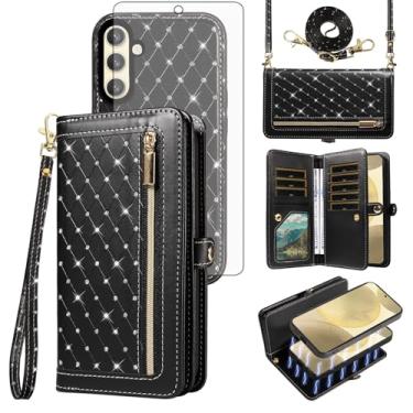 Imagem de Asuwish Capa de celular para Samsung Galaxy S24/S25 5G Carteira com zíper destacável com protetor de tela de vidro temperado alça transversal Bling Flip suporte para cartão de crédito S 24 24S 25 25S