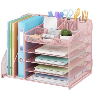 Imagem de Lavatino Organizador de mesa de 5 camadas com 2 suportes de arquivo, bandeja de papel ajustável de metal para organizadores e acessórios de mesa de escritório ou casa | 7 divisórias flexíveis mantêm