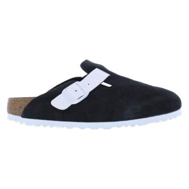 Imagem de Birkenstock Tamancos unissex Boston Soft Footbed, Preto/branco e preto, 10-10.5 Women/8-8.5 Men