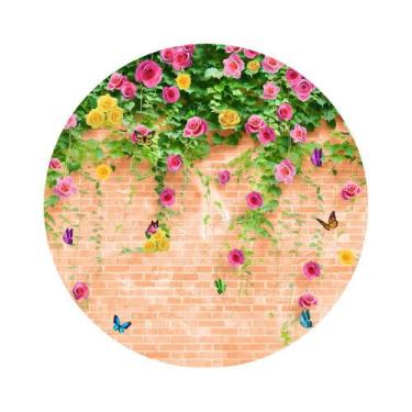 Imagem de Painel de Lona Redondo Muro de Tijolos Vermelhos Flores e Borboletas -