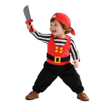 Imagem de MCJC Conjunto de fantasia de pirata de bebê com acessórios para crianças, conjunto de fantasia de cosplay para Halloween, Vermelho, Medium Size