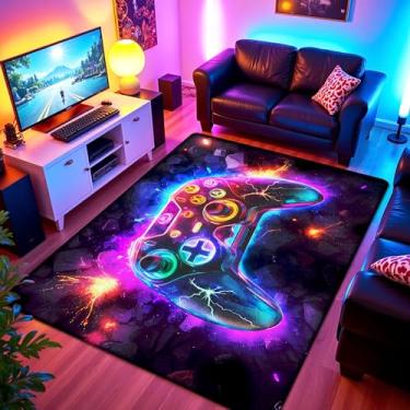 Imagem de Tapete de área de jogos para quarto de meninos, tapete de controle de jogos neon para decoração de quarto de jogadores, tapete de gamepad macio para meninos adolescentes, tapete legal de videogame
