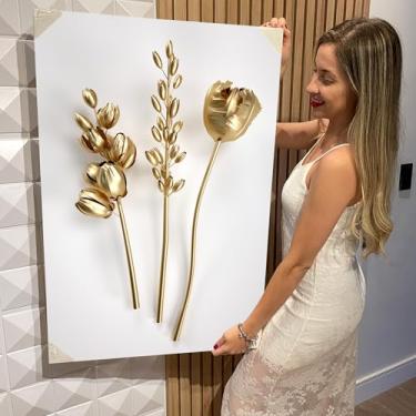 Imagem de Quadro Decorativo Canvas Flores Brancas e Douradas Vertical (CAN1047)