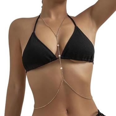 Imagem de Colar Body Chain Feminino com Pérolas, Corrente Veneziana Prata, 85cm Ajustável, Estilo Boho Chic