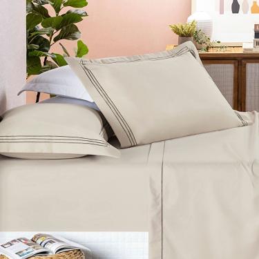 Imagem de Jogo Cama Lençol Trivio Casal 400 Fios Bordado Fronhas Aba Americana 4 Peças Bege