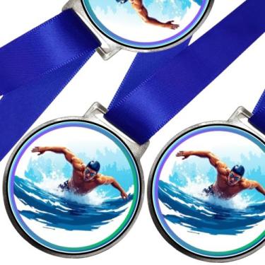 Imagem de Kit 100 Medalhas Para Campeão De Natação 35mm Com Fita Azul - Somedalh