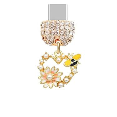 Imagem de ELISE & FONDA TP874 Tipo-C Porta de Carregamento Cristal Antipoeira Plugue Pequeno Coração de Amor com Abelha Mel e Margarida Berloque Celular para iPhone 15/16/Samsung/OnePlus/Xiaomi/Oppo telefones