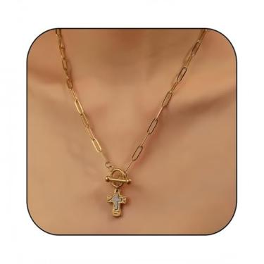 Imagem de Colar com pingente de cruz de dois tons elegante e grosso para mulheres, pingente de cruz dupla banhado a ouro 14 k ou prata, uma peça de declaração inspirada na fé para joias cristãs religiosas