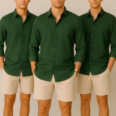 Imagem de Kit 3 Camisa de Linho Blusa Manga Longa Viscose Praia Masculina Muitas