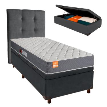 Imagem de Cama Box Bau + Colchão Solteiro D23 Pro Inducol + Cabeceira Estofada